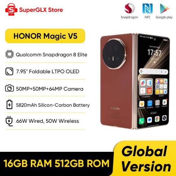Original New HONOR Magic V5 Global Version 5G Foldable LTPO OLED 120Hz Display 7.95" 50MP Cameras Snapdragon 8 Elite 5820mAh 66W