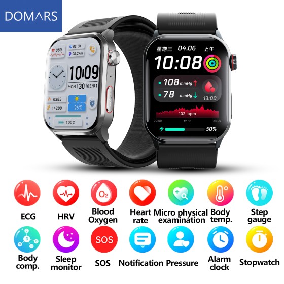 Domars Unisex Smartwatch 2.1-inch Medical-Grade ECG Smartwatch, Sleep Monitoring Bluetooth Calling Electronic Wristwatch