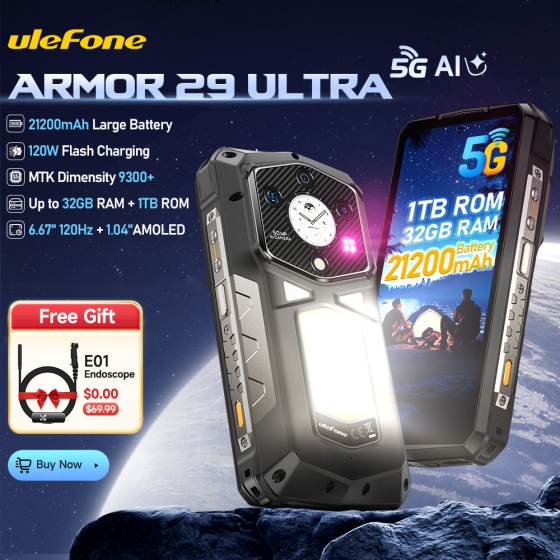 Ulefone Armor 29 Ultra 5G AI Rugged Phone Dual Screen Dimensity 9300+21200mAh 120Hz 1TB ROM 64MP, NFC, Android 15 Smartphone