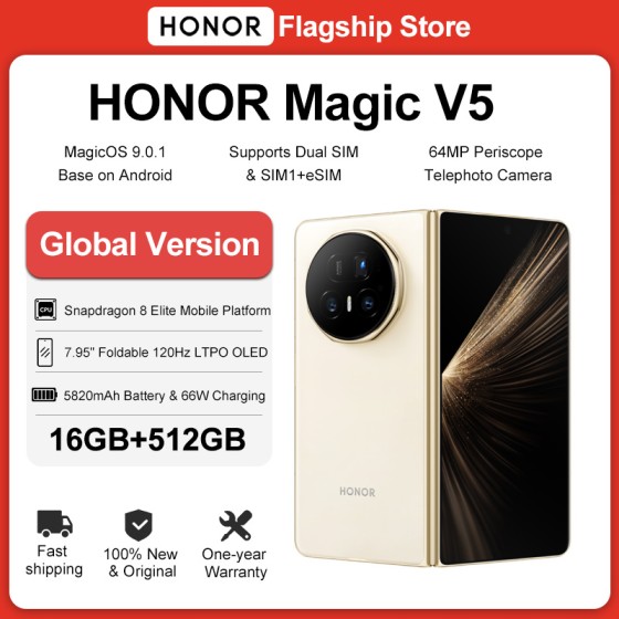 HONOR Magic V5 16GB+512GB Global Version 5G Smartphone 120Hz Foldable OLED Screen Snapdragon 8 Elite 5820mAh 66W SuperCharge NFC
